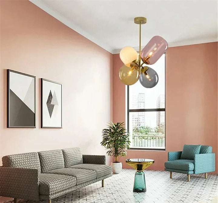 Lámpara colgante floral de vidrio para comedor o sala, iluminación decorativa LED de hogar.