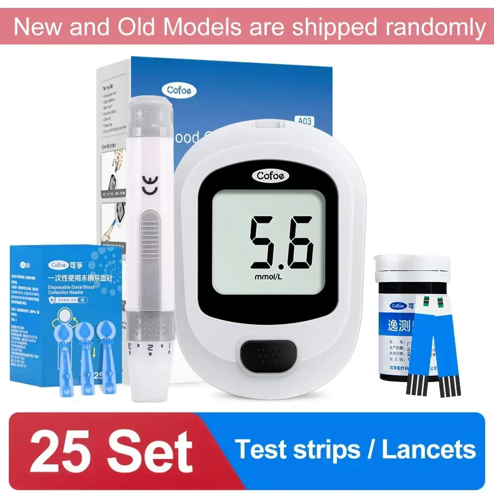 Empaque del kit completo de monitoreo de glucosa en sangre. Solución integral para el control de la diabetes.