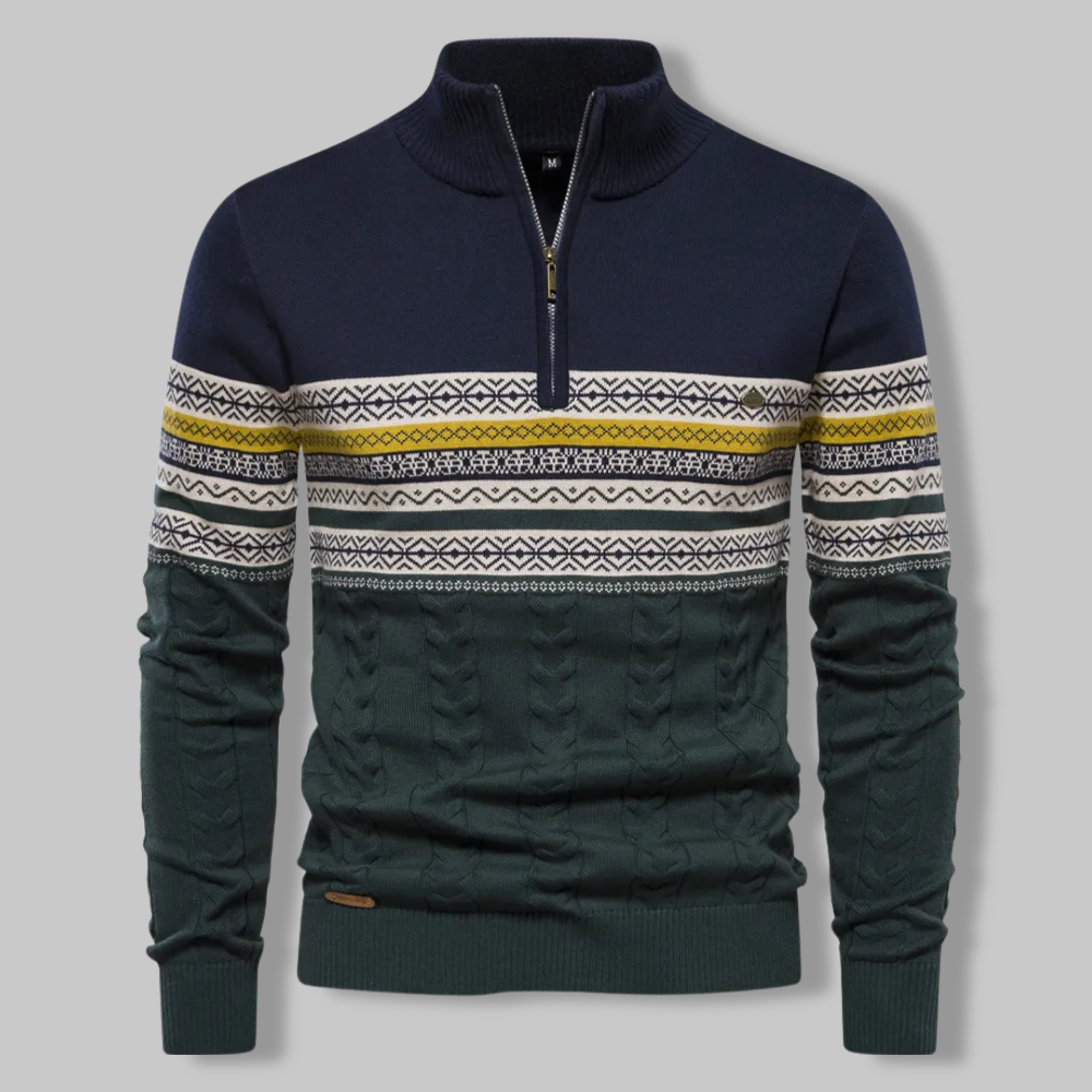 Suéter de hombre con cremallera cuarto, diseño noruego y estilo casual. Moda masculina de invierno en punto cálido.