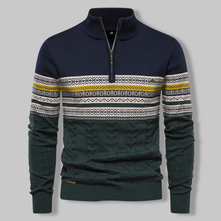Suéter de hombre con cremallera cuarto, diseño noruego y estilo casual. Moda masculina de invierno en punto cálido.