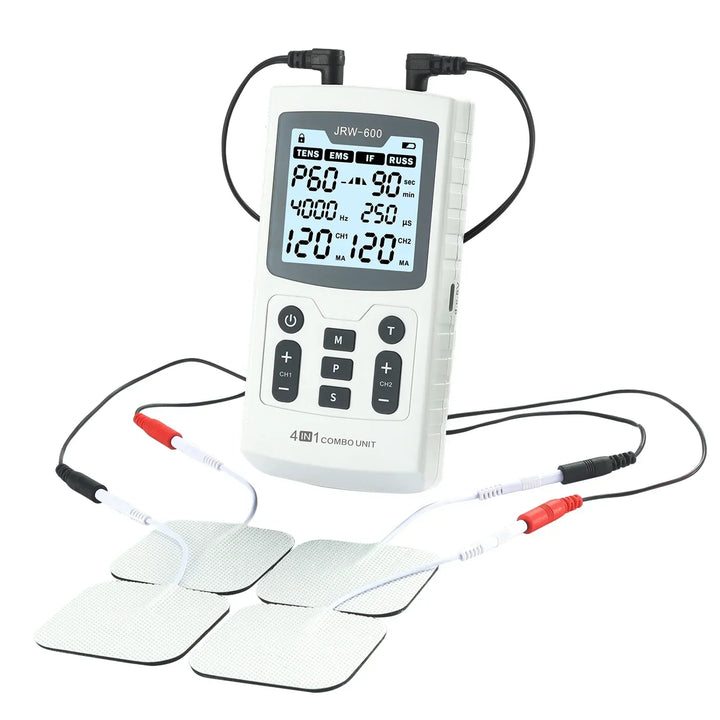 Kit de electroestimulador 4 en 1 TENS/EMS/IFC/Rusa. Bienestar, recuperación y alivio del dolor muscular.