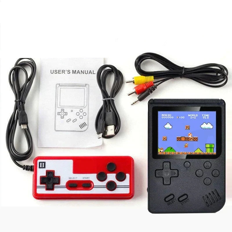 Consola retro portátil 400 en 1 conectada a TV, reviviendo la nostalgia de los videojuegos clásicos.