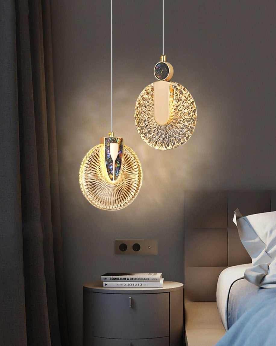 Lámpara colgante LED redonda de cristal dorado, iluminación moderna para sala.