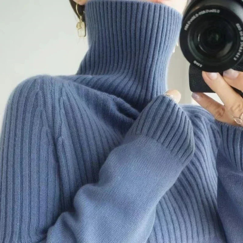 Suéter cálido de cuello alto para mujer, diseño de punto, perfecto para otoño e invierno.