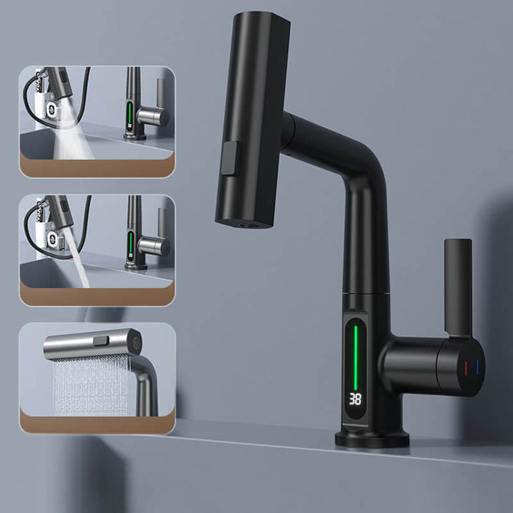 Grifo de cocina extraíble moderno con rociador y pantalla LED de temperatura.