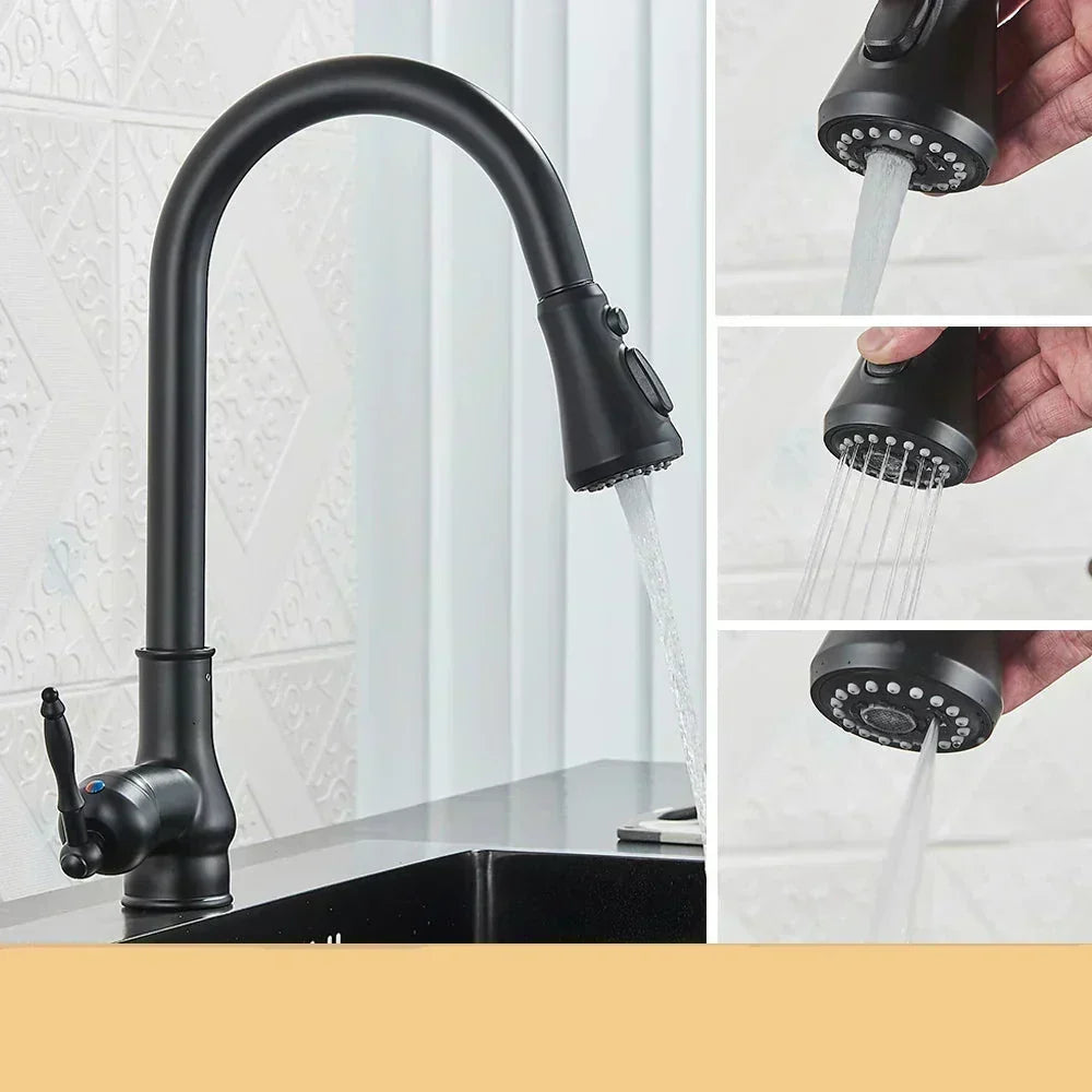 Grifo 3 vías para cocina, acabado negro mate y latón antiguo, diseño funcional.