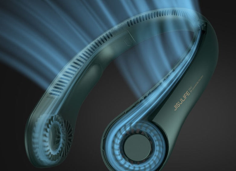 Ventilador de cuello portátil 360°, recargable. Ofrece frescura manos libres para uso en interior y exterior.