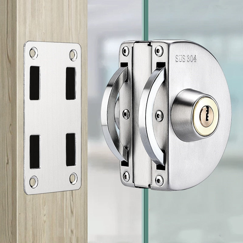 Cerradura de puerta de vidrio, acero inoxidable, diseño robusto, perfecta para comercios.