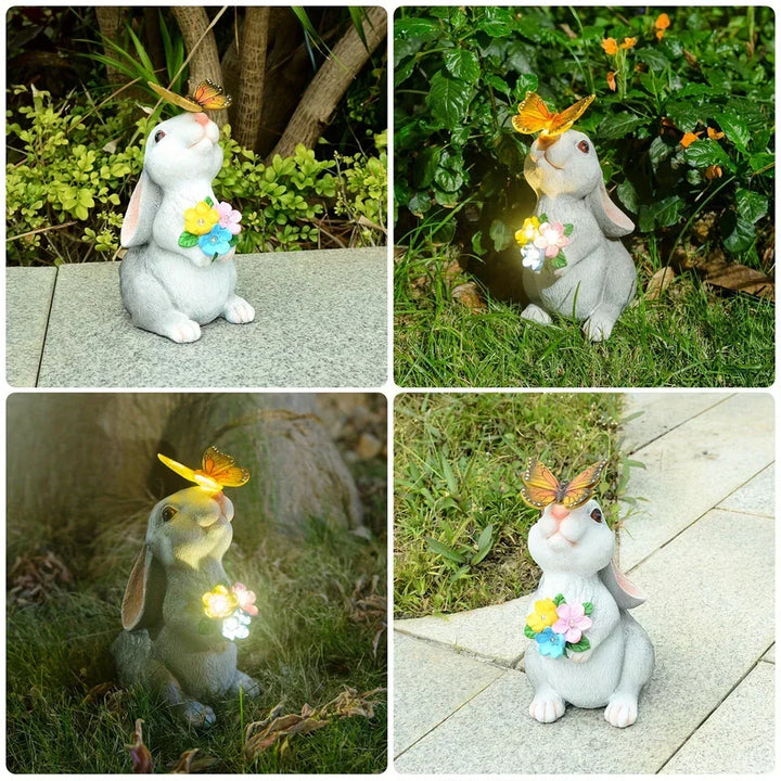 Adorno de jardín con conejo y flores, luz solar. Perfecta decoración e iluminación exterior para tu patio.