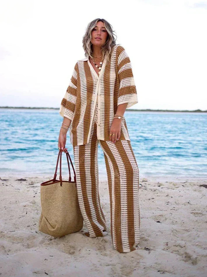 Conjunto de verano casual caqui para mujer, dos piezas estilo bohemio. Fresco y elegante.