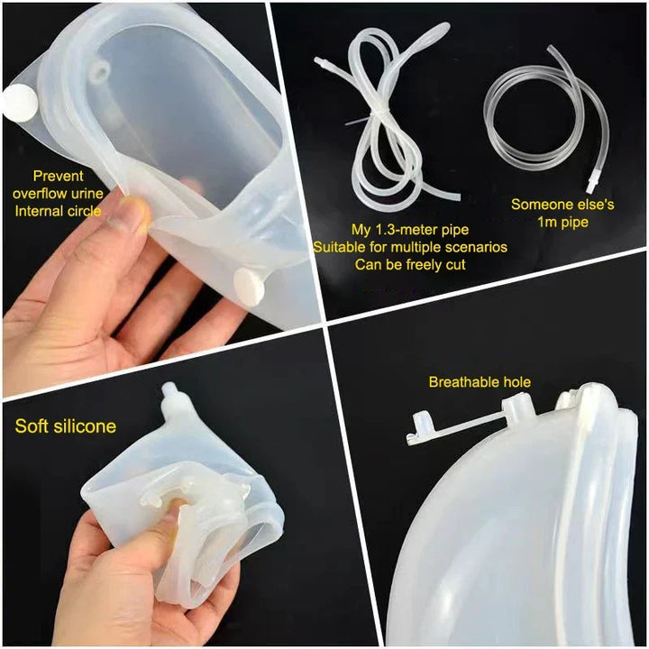 Colector urinario de silicona hipoalergénico, ideal para pieles sensibles y uso prolongado.