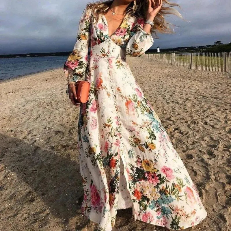 Vestido largo bohemio floral multicolor para mujer con mangas largas, ideal para verano y playa casual.