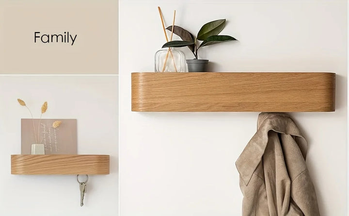 Estante perchero de pared con ganchos ocultos de diseño moderno, ideal para la entrada o pasillo.