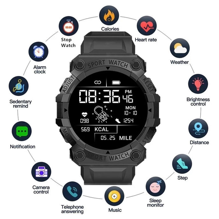 Smartwatch deportivo unisex para seguimiento de fitness, bienestar y actividad física con Bluetooth.
