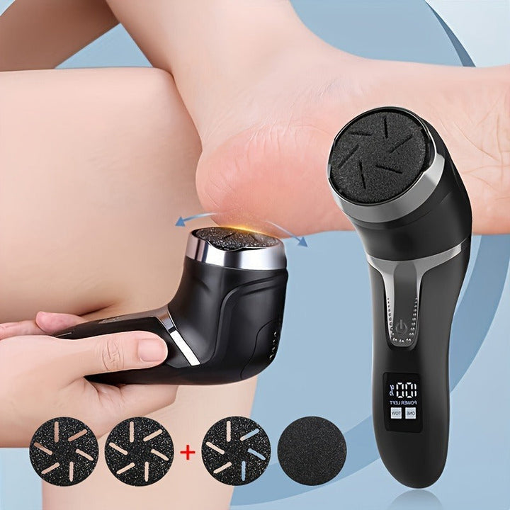 Removedor eléctrico de callos para pies, logrando piel suave y cuidada con pedicura profesional.