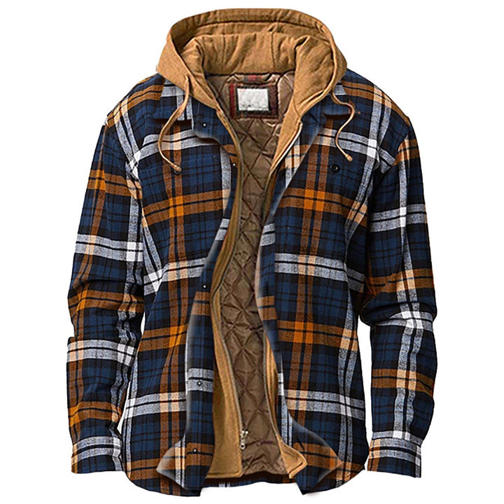 Chaqueta de hombre a cuadros gruesa con capucha y cremallera, ideal para otoño-invierno. Moda masculina casual y abrigada.
