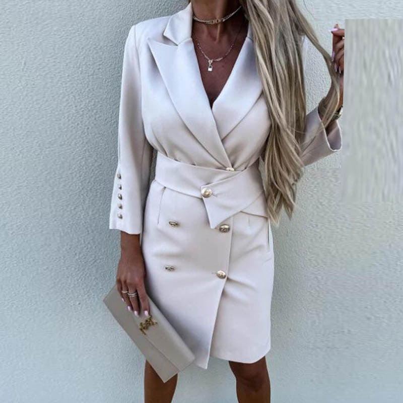 Vestido blazer formal para mujer con doble botonadura, diseño cruzado y cuello solapa, ideal para la oficina.