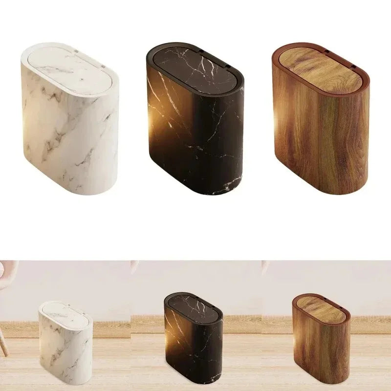 Cubo de basura con tapa a presión, diseño de mármol y estilo nórdico, perfecto para cocina elegante.