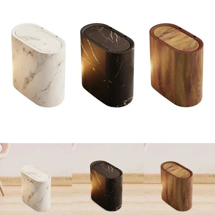 Cubo de basura con tapa a presión, diseño de mármol y estilo nórdico, perfecto para cocina elegante.