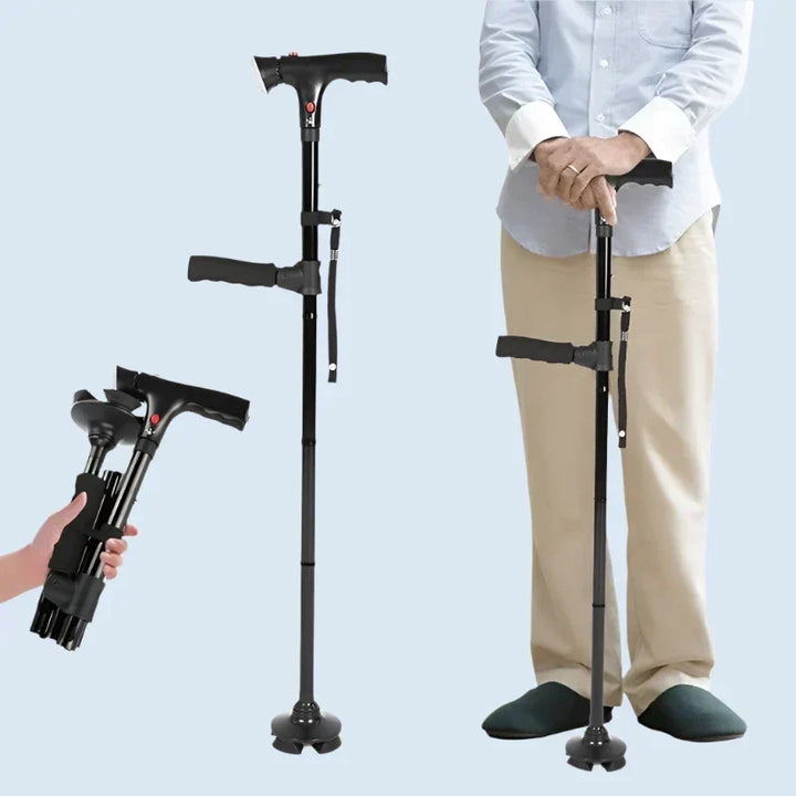 Bastón plegable unisex con luz LED y alerta de seguridad para ancianos y personas con movilidad reducida.