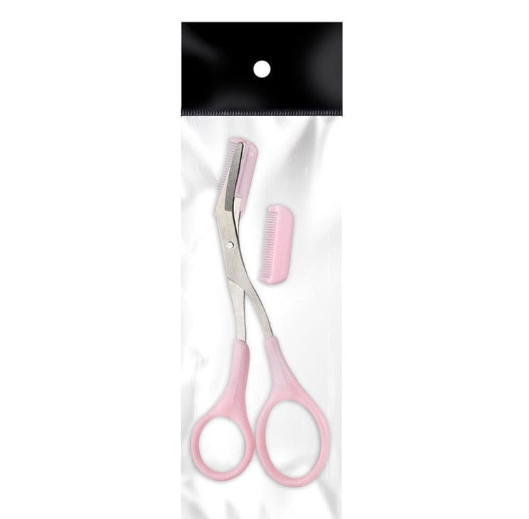 Recorte de cejas con tijeras de acero inoxidable, ideal para definición y depilación detallada.