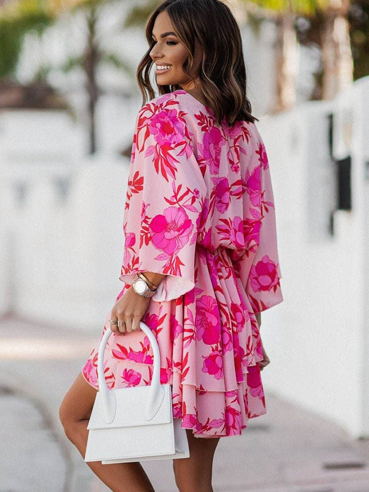 Vestido de manga larga mini floral para mujer, escote en V, perfecto para un atuendo chic.