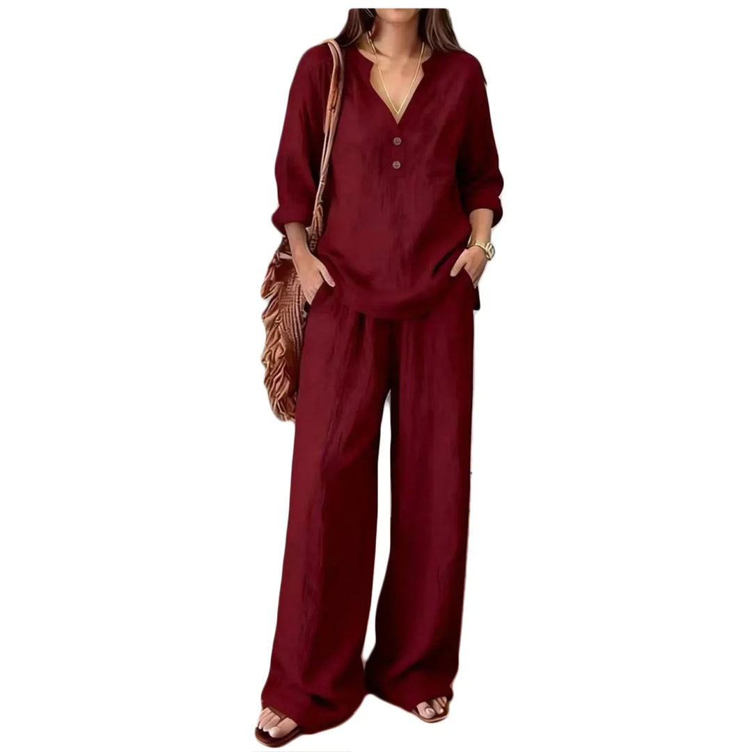 Conjunto de verano tallas grandes. Blusa de lino y algodón con pantalón fluido, moda casual para mujer.