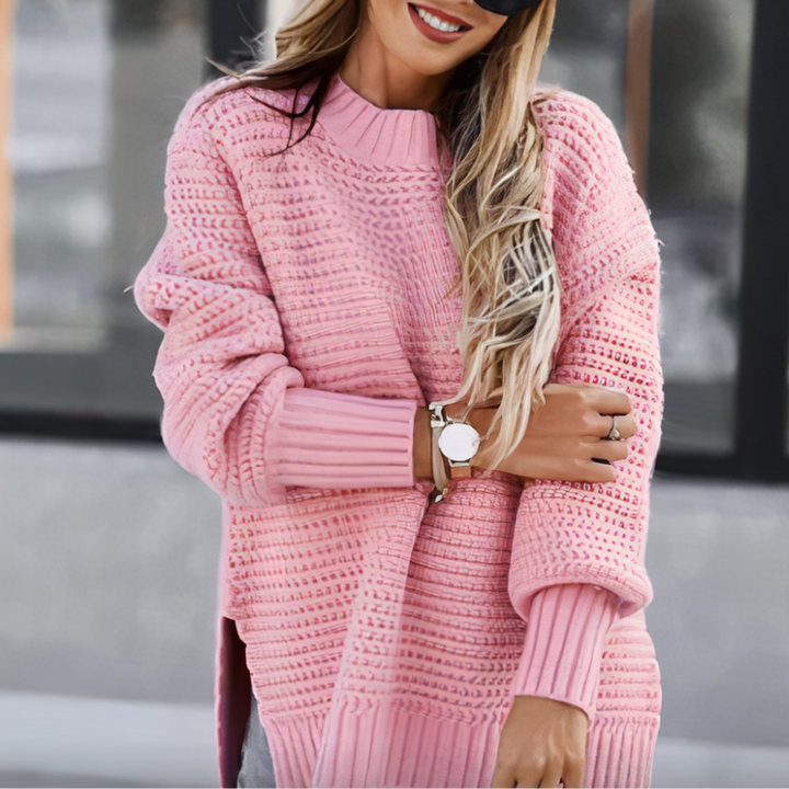 Suéter de punto vintage mujer. Prenda retro cómoda y casual con cuello redondo para otoño e invierno.