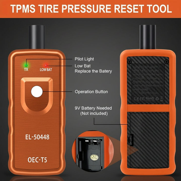 Herramienta automotriz profesional para reaprendizaje TPMS en autos GM. Mantenimiento de neumáticos, diagnóstico preciso.