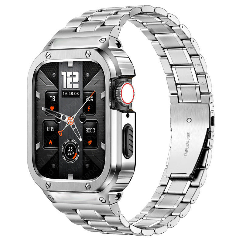 Set de correa y funda de acero inoxidable para smartwatch. Resistente, elegante y para protección.