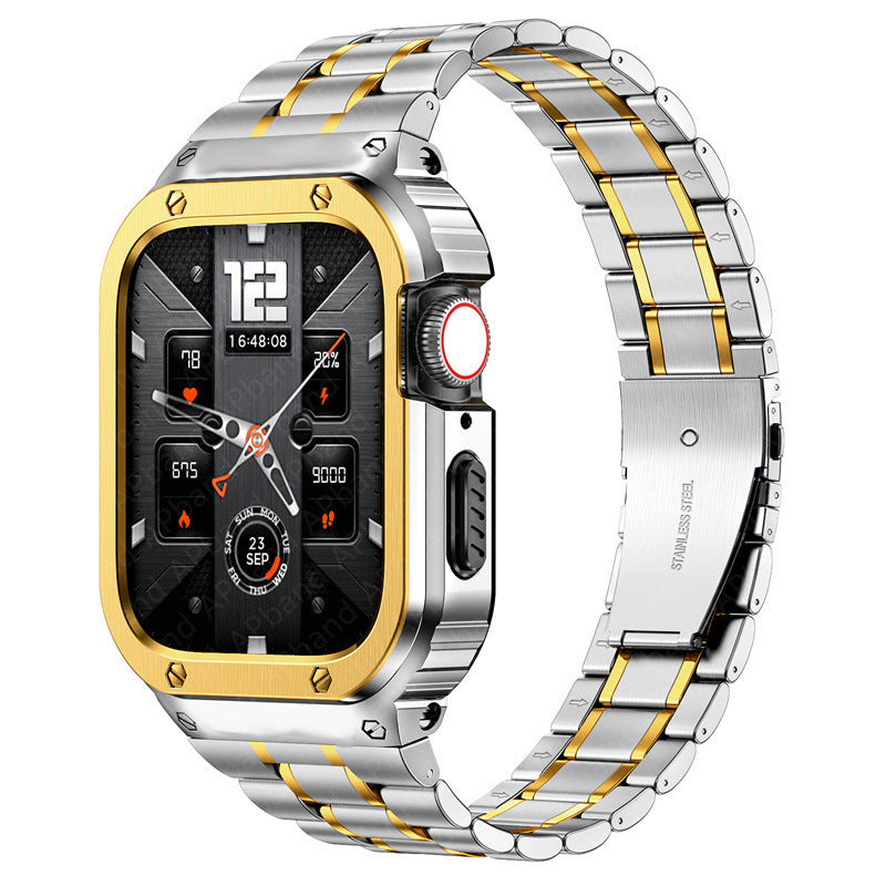 Correa y funda de metal inoxidable para smartwatch. Protección robusta y diseño sofisticado.