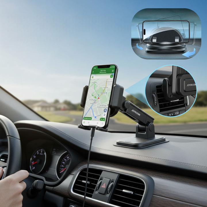 Soporte universal para teléfono de coche con rotación 360°, ideal para tablero o ventilación.