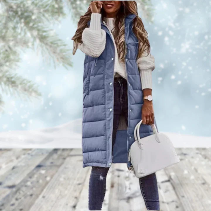 Chaleco largo elegante para mujer, completa tu outfit versátil y añade un toque de moda femenina.