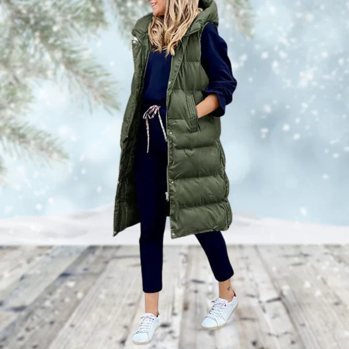Chaleco largo de mujer, elegante y versátil, perfecto para crear capas y outfits chic de moda femenina.