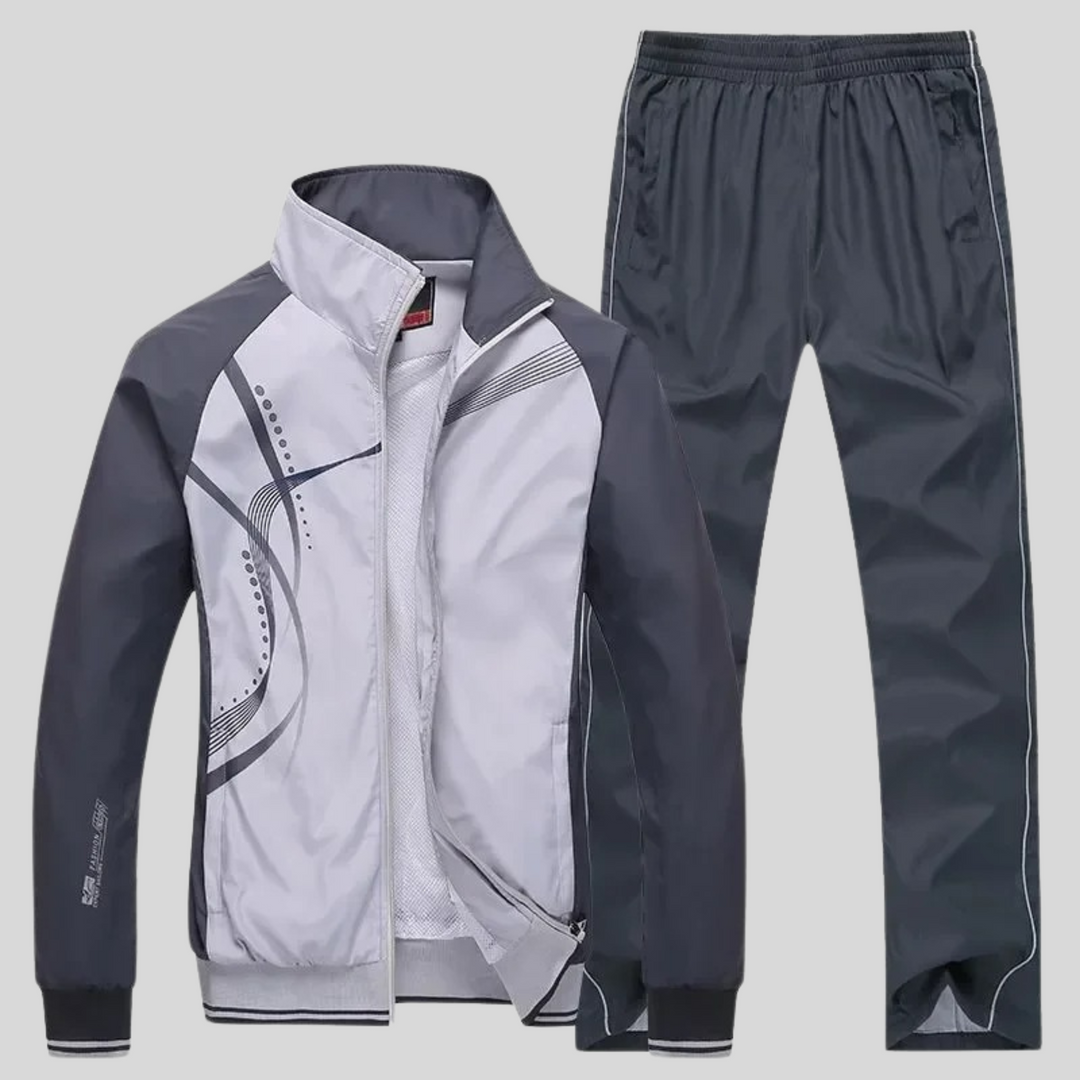 Detalle del tejido de poliéster del conjunto deportivo premium para hombre. Comodidad y durabilidad para fitness.