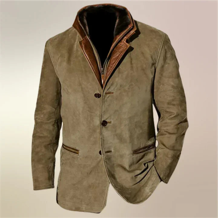 Chaqueta vintage de otoño para hombre, estilo retro elegante. Abrigo casual marrón, moda masculina.