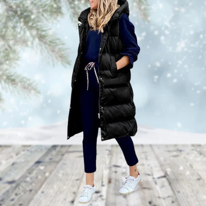 Moda femenina: chaleco largo sin mangas, elegante y versátil, perfecto para cualquier outfit de mujer.