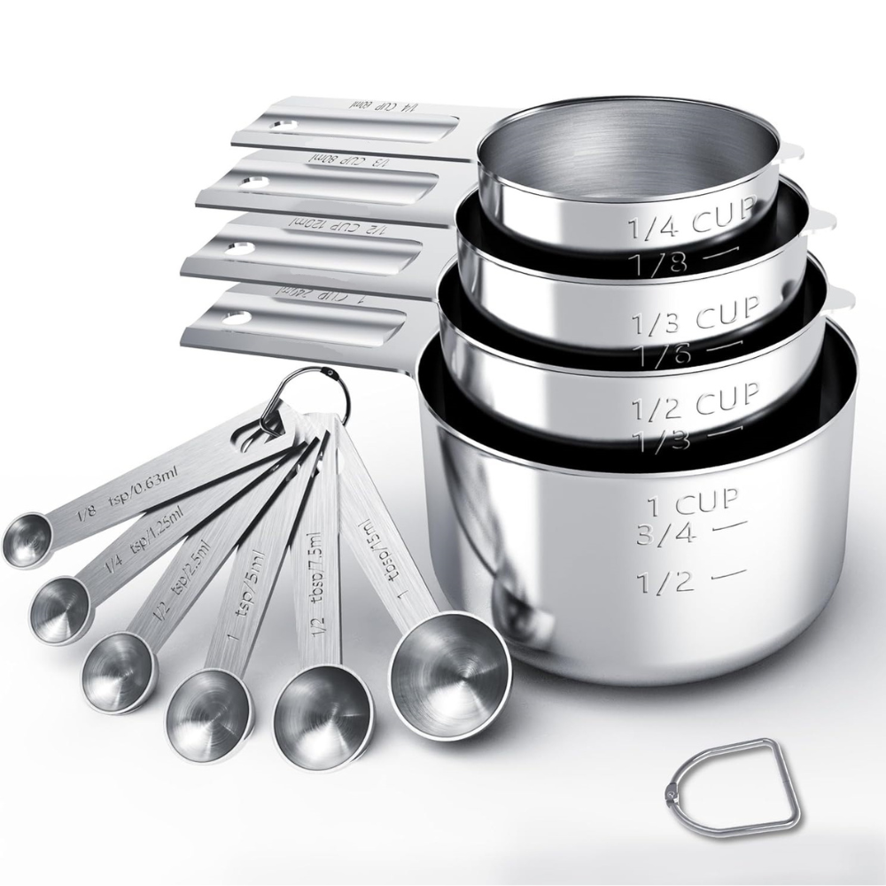 Conjunto de tazas y cucharas medidoras de acero inoxidable para cocina, ideal para hornear con precisión.