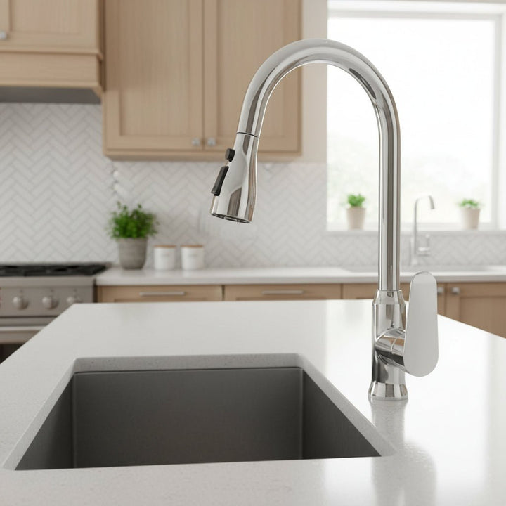 Grifo de cocina extraíble moderno, caño extensible, acabado cromado para fregadero. Diseño funcional.