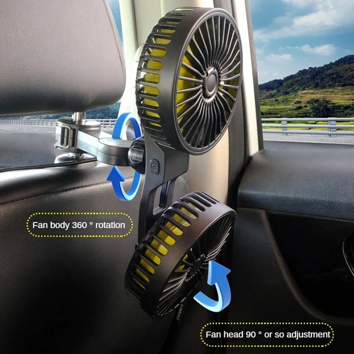 Ventilador doble USB para coche, ofrece aire fresco y refrigeración para el asiento trasero. Ideal para viajes.