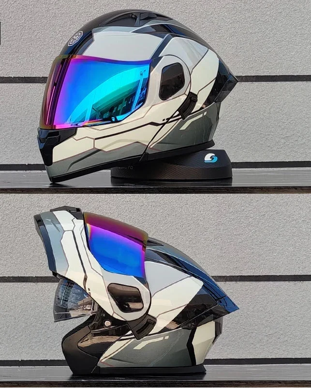 Primer plano de la visera doble del casco modular para moto, protección UV y antirrayas.