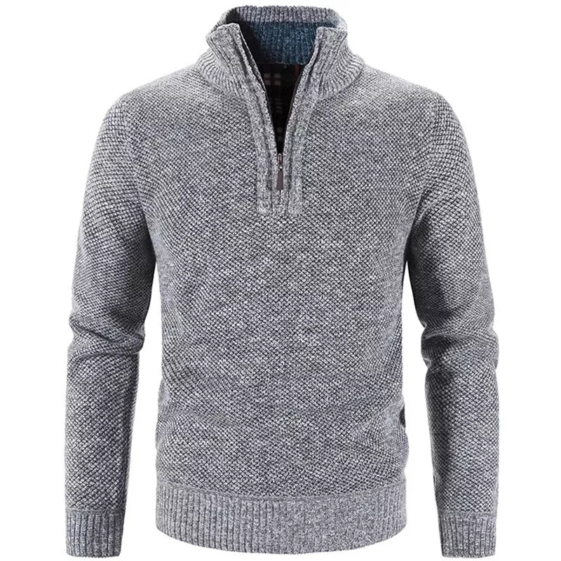 Jersey de hombre gris con media cremallera, cómodo y versátil para invierno u otoño, moda masculina.