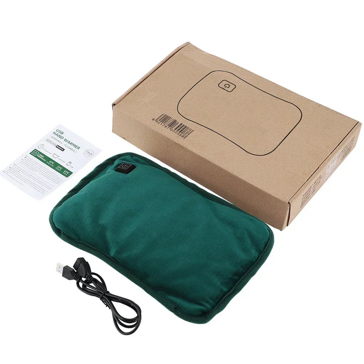 Almohadilla térmica USB compacta en tonos gris y verde, diseñada para el confort y alivio rápido en casa o viaje.