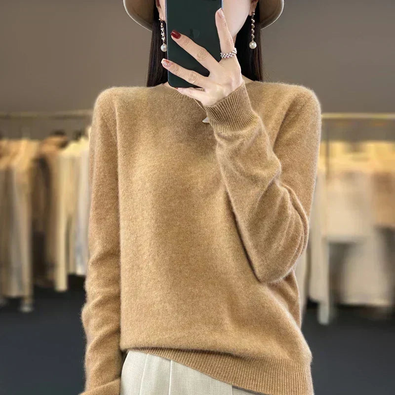 Jersey de cuello redondo suave para mujer, cálido y elegante para invierno.