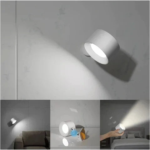Foco LED inalámbrico con rotación 360°, luz regulable, perfecto para iluminación moderna de pared.