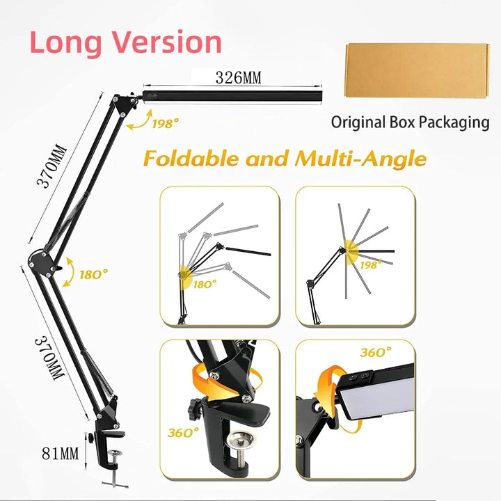 Lámpara de estudio LED blanca con brazo flexible y pinza. Diseño moderno, luz regulable para máxima comodidad.