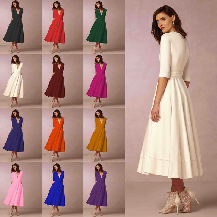 Vestido midi elegante para mujer, escote V y mangas al codo. Ideal para fiesta, verano y eventos.