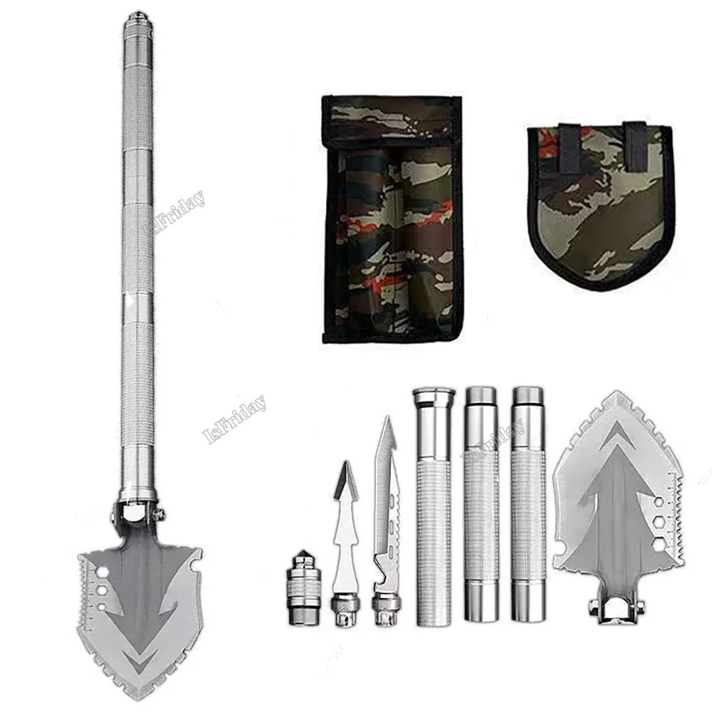 Pala de camping portátil, herramienta esencial de supervivencia para exploradores y campistas.