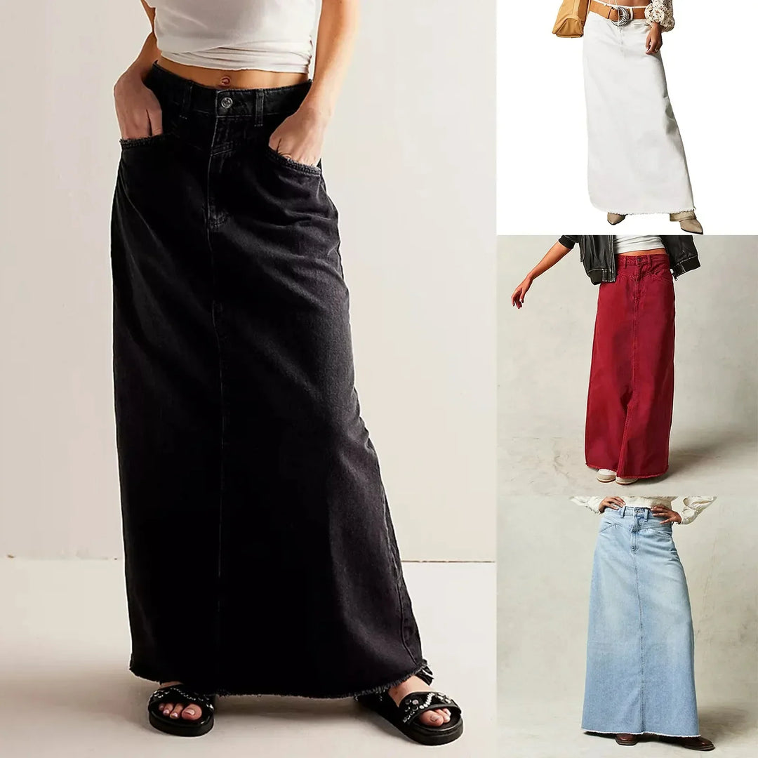 Falda vaquera larga para mujer, cintura alta y corte clásico. Ropa femenina de denim, elegante y cómoda.