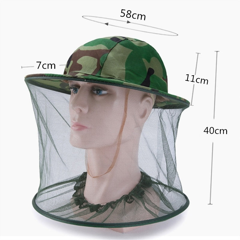 Gorro unisex de camping con malla antiinsectos, protección UV, ideal para senderismo y aventura.